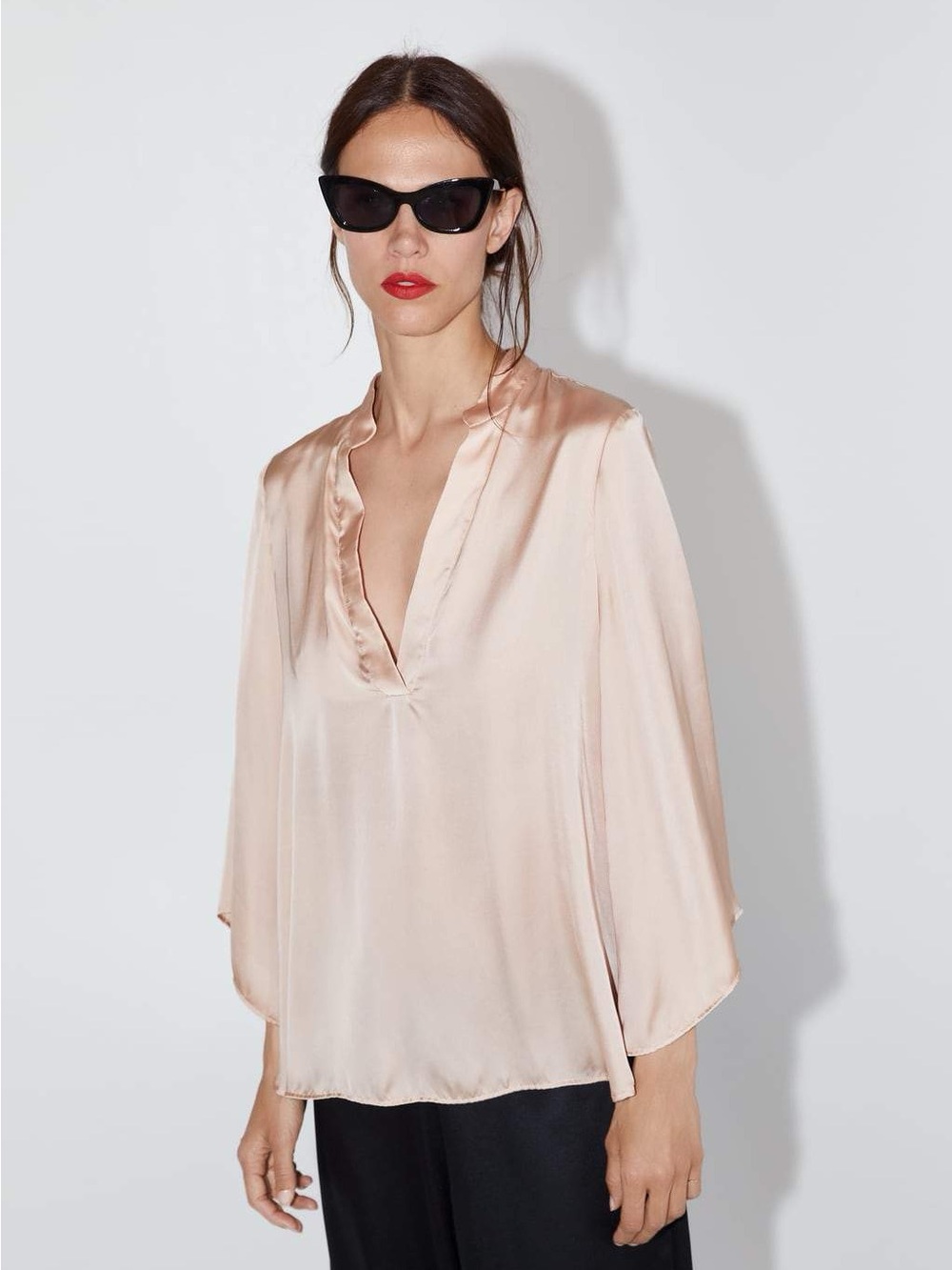 Zara Oversized Silky Pale Blush V-Neck Women’s Top